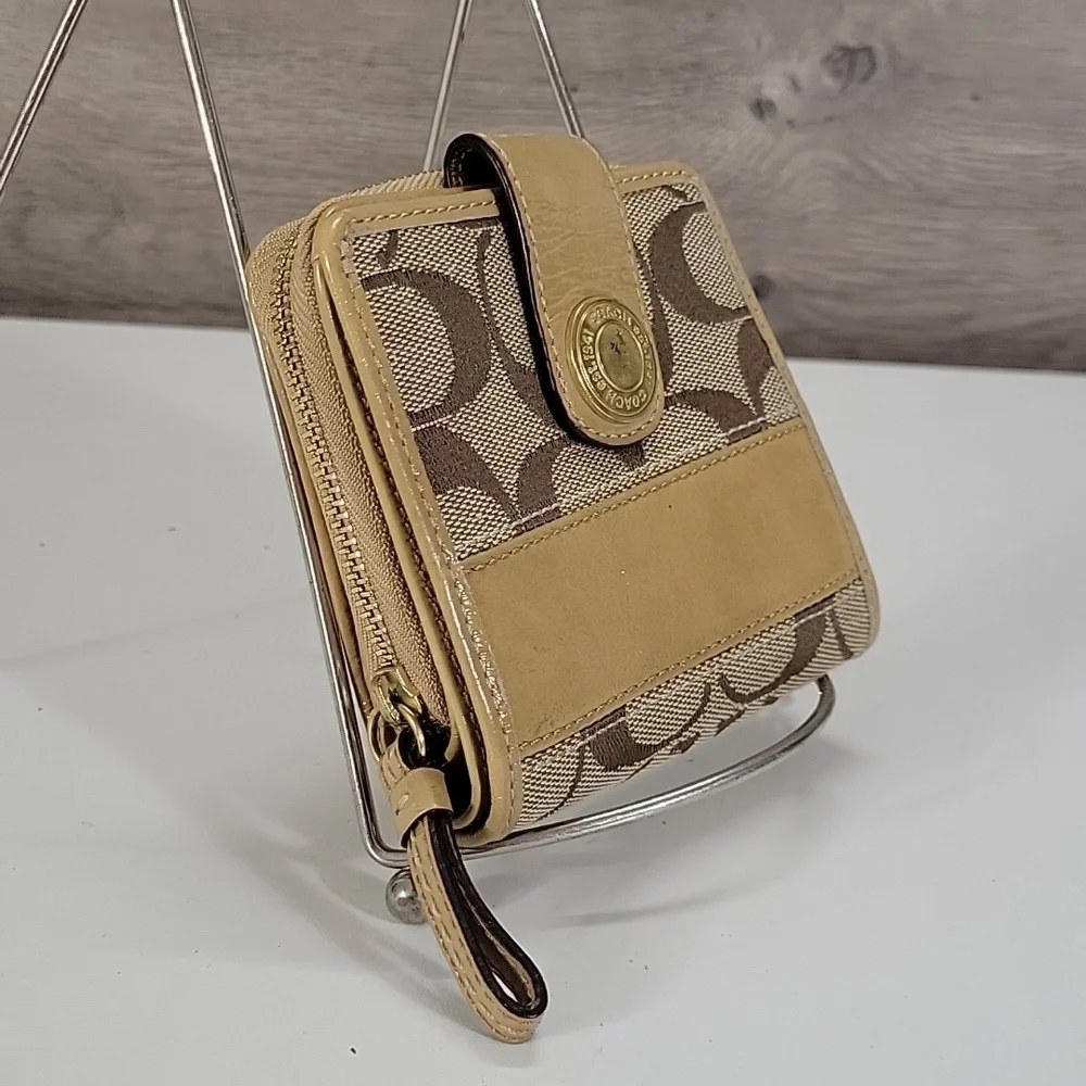 Coach Beige Signature Canvas Wallet with Tan Leather Trim